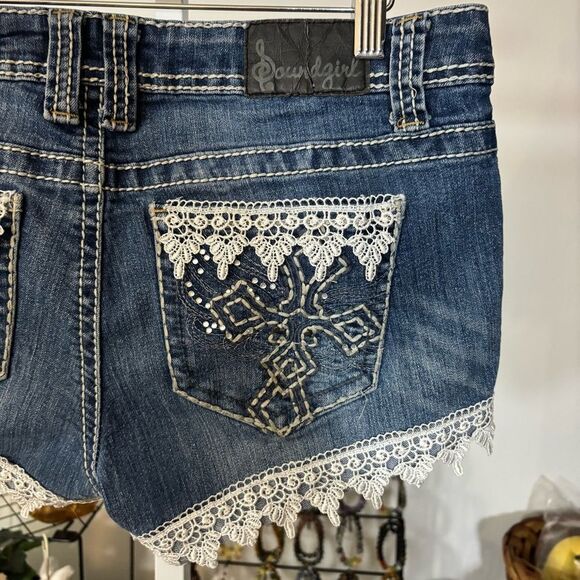 Soundgirl Dark Blue Jean Shorts with Lace Trim rockabilly low rise embellished - Picture 4 of 6